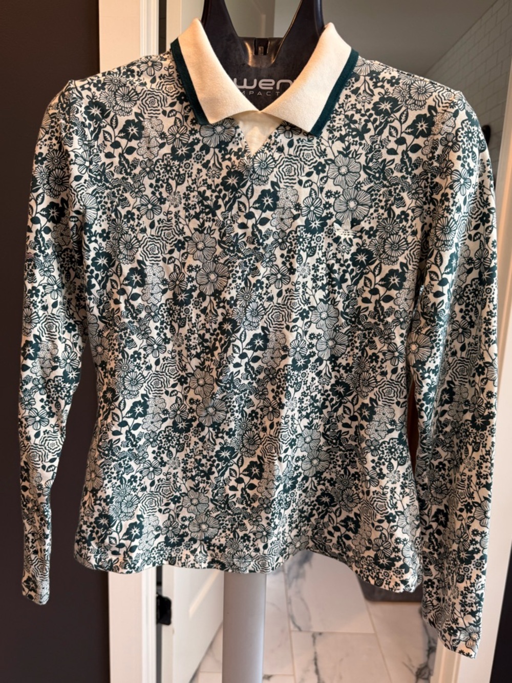 adidas Originals Long Sleeve Floral Polo in White and Dark Green